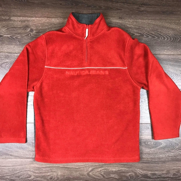 Nautica Jeans Company Mens Retro Style Red Pullover 1/4 Zip Fleece Sweater Sz L - Picture 1 of 5